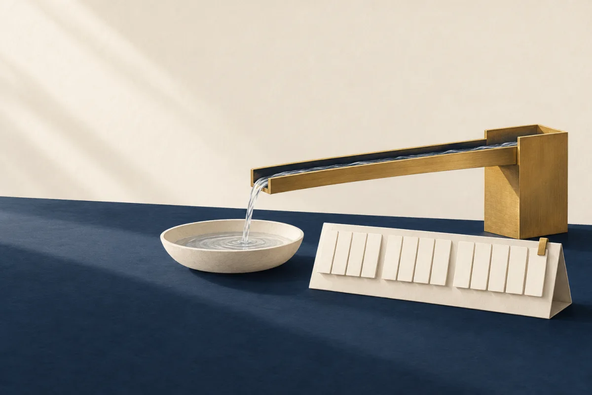 Illustration: a brass channel pouring water into an ivory dish beside a desk calendar with blank tabs