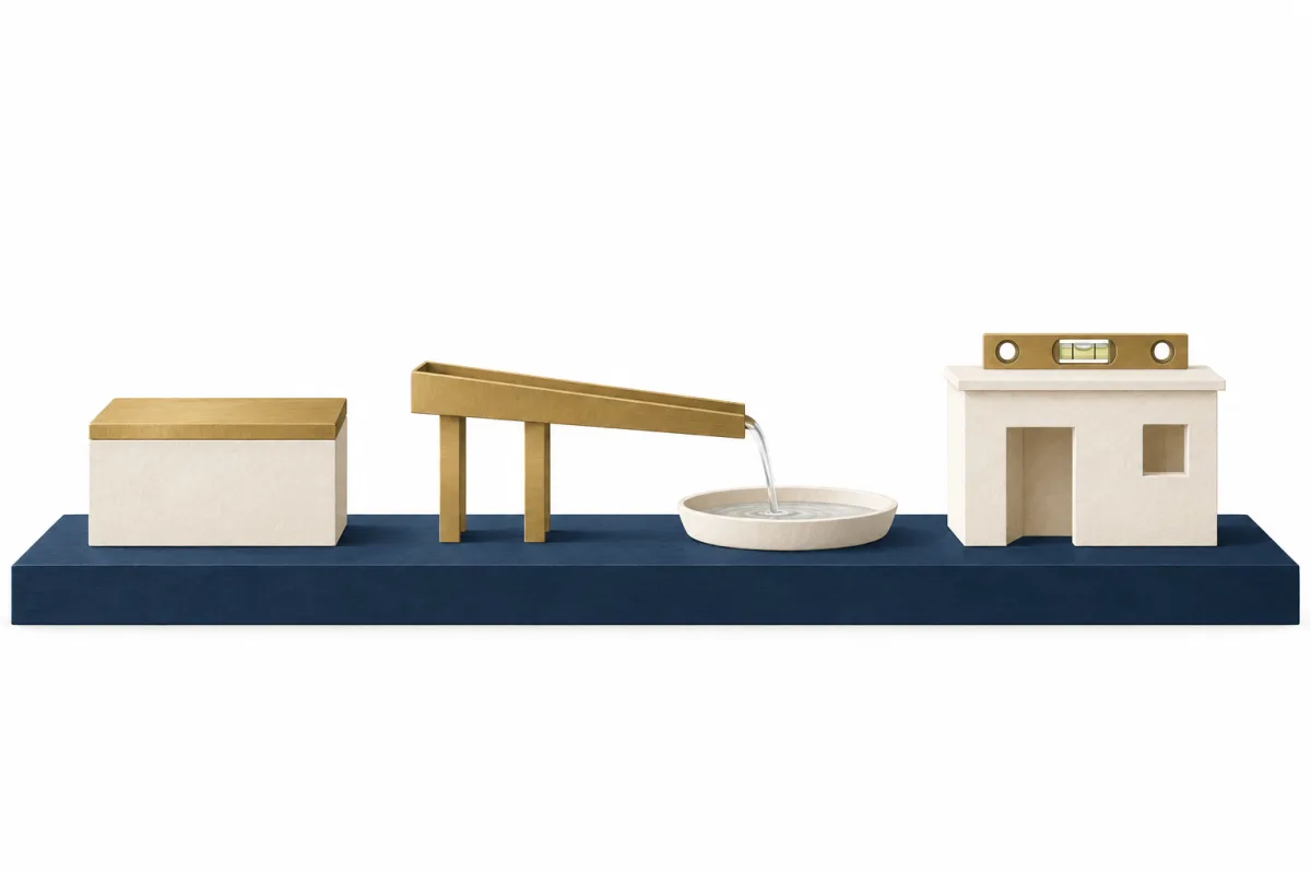 Illustration: a brass-lidded box, a brass channel filling an ivory dish and a paper building model on one shelf